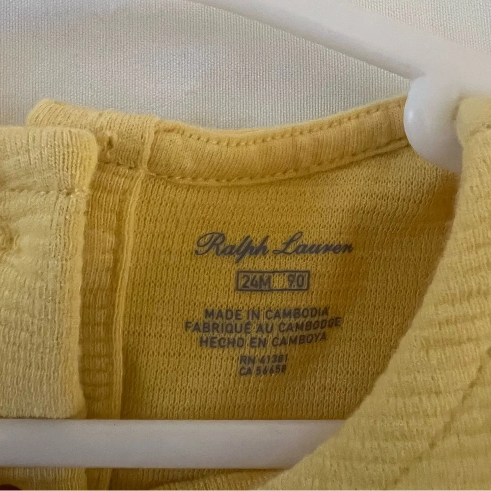 Polo Ralph Lauren Girls Yellow Pleated Ottoman-Rib crew neck button Dress 24M